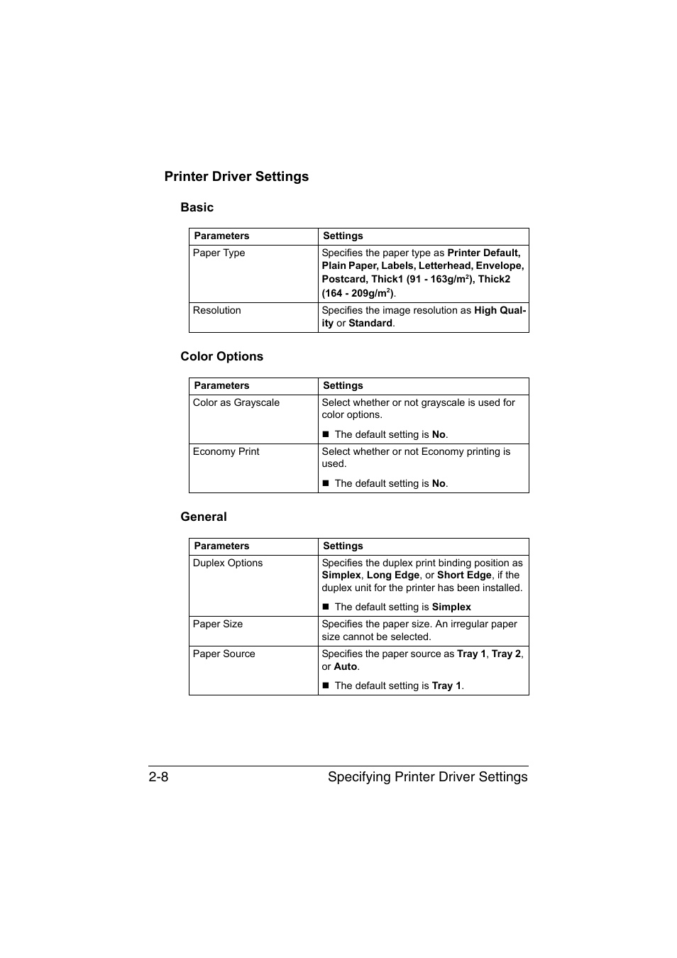 Printer driver settings, Basic, Color options | General, Printer driver settings -8, Basic -8 color options -8 general -8 | Konica Minolta magicolor 1650EN User Manual | Page 113 / 317