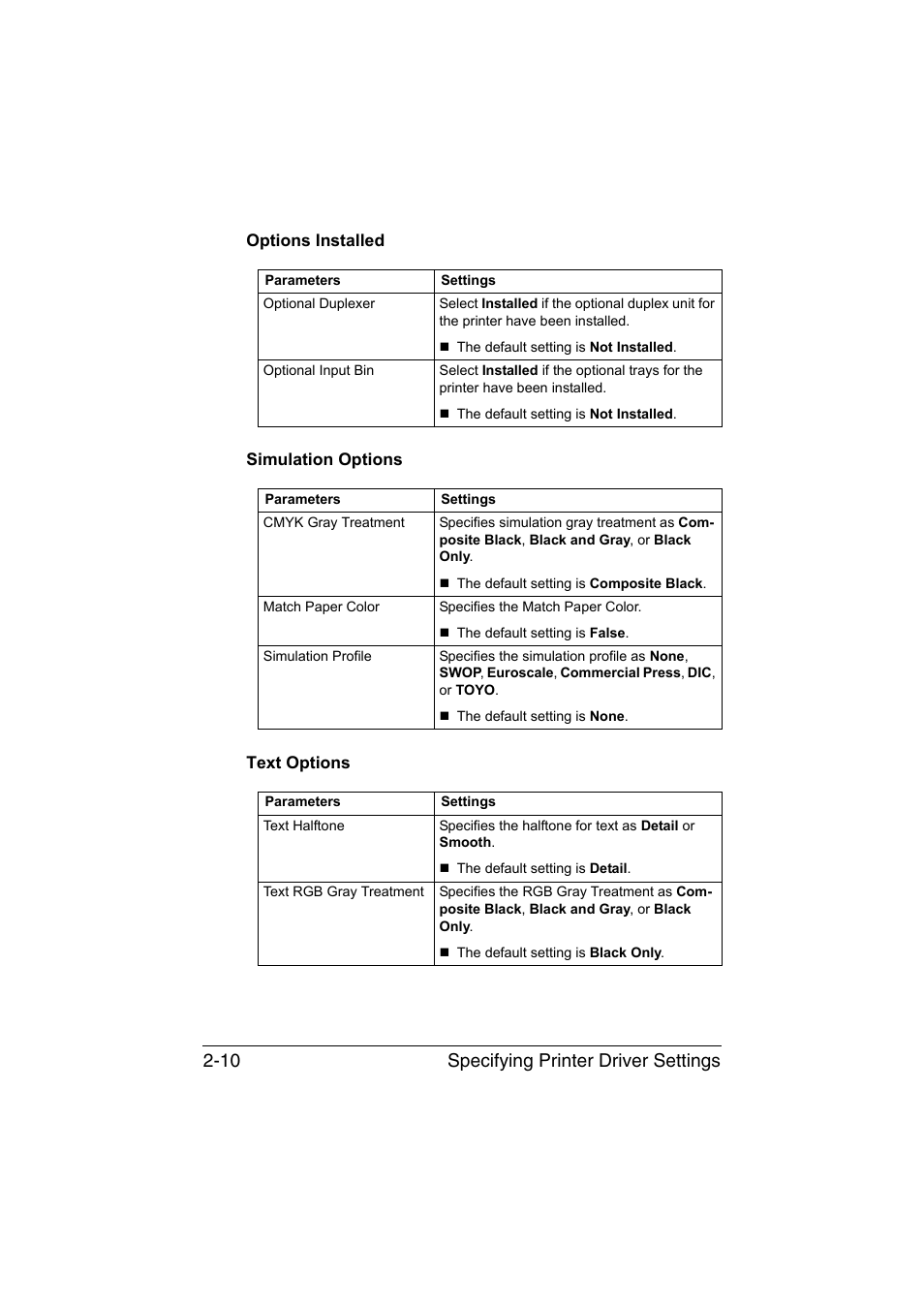 Options installed, Simulation options, Text options | Specifying printer driver settings 2-10 | Konica Minolta magicolor 1650EN User Manual | Page 115 / 317