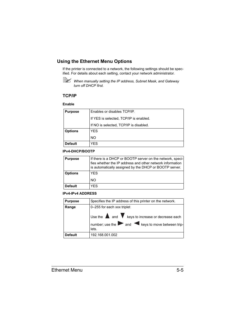 Using the ethernet menu options, Tcp/ip, Using the ethernet menu options -5 | Tcp/ip -5, Ethernet menu 5-5 using the ethernet menu options | Konica Minolta magicolor 1650EN User Manual | Page 140 / 317