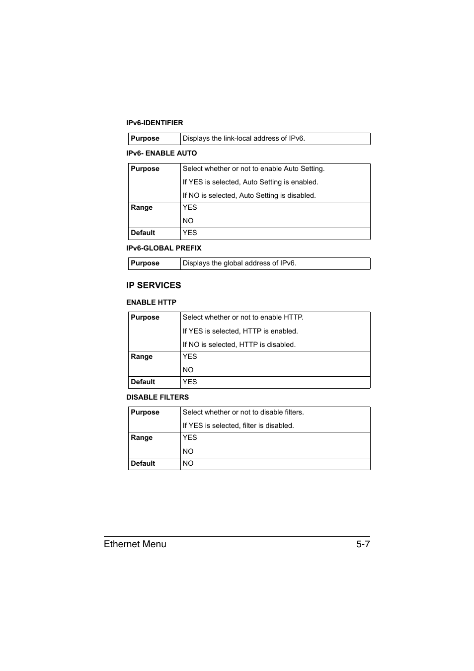 Ip services, Ip services -7, Ethernet menu 5-7 | Konica Minolta magicolor 1650EN User Manual | Page 142 / 317