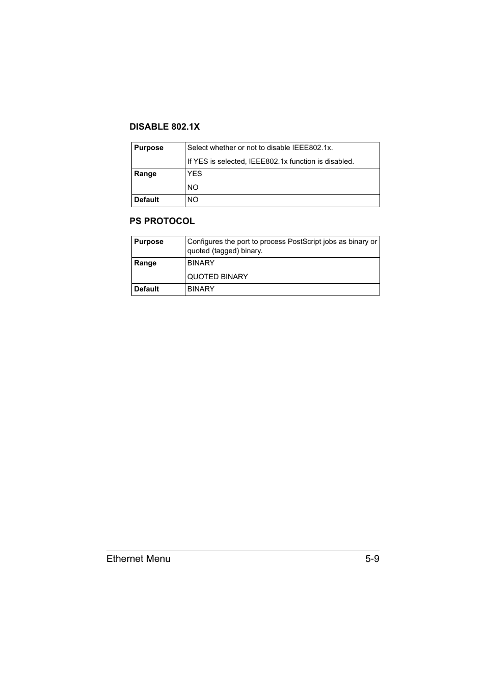 Disable 802.1x, Ps protocol, Disable 802.1x -9 | Ps protocol -9, Ethernet menu 5-9 | Konica Minolta magicolor 1650EN User Manual | Page 144 / 317