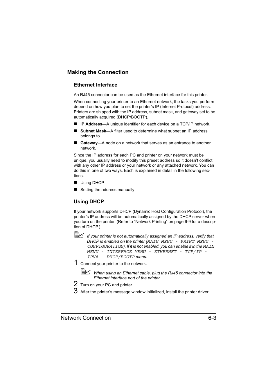 Making the connection, Ethernet interface, Using dhcp | Making the connection -3, Ethernet interface -3 using dhcp -3 | Konica Minolta magicolor 1650EN User Manual | Page 148 / 317