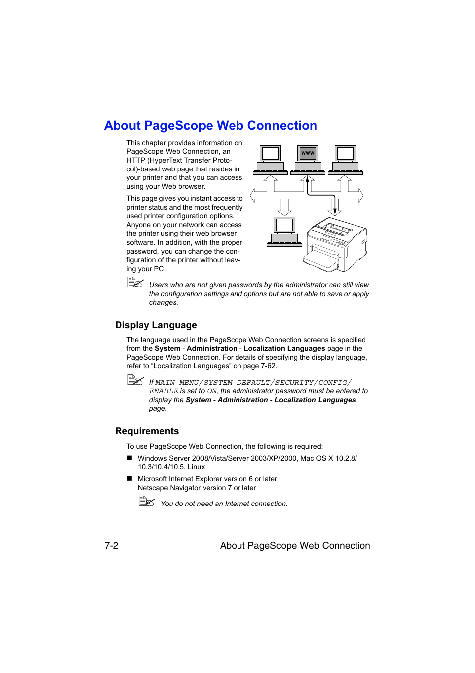 Display language, Requirements, Display language -2 | Requirements -2, About pagescope web connection | Konica Minolta magicolor 1650EN User Manual | Page 187 / 317