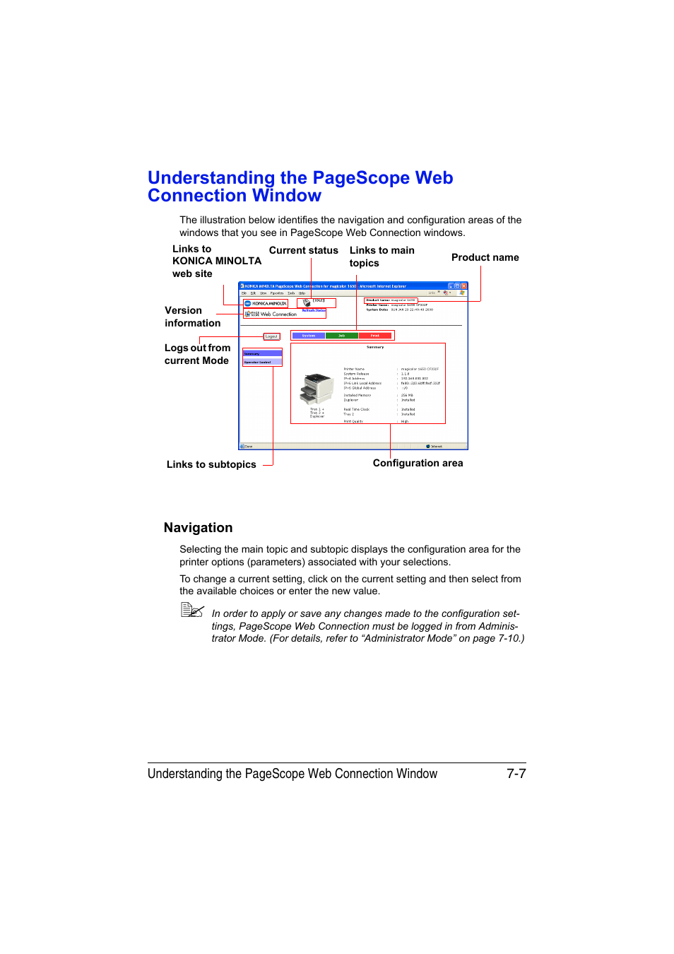 Navigation, Navigation -7, Understanding the pagescope web connection window | Konica Minolta magicolor 1650EN User Manual | Page 192 / 317