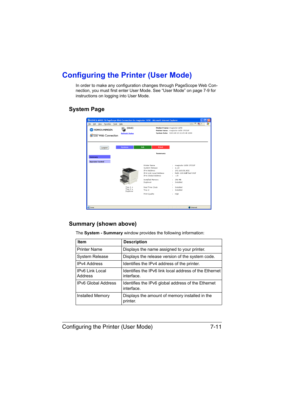 Configuring the printer (user mode), Summary (shown above), Configuring the printer (user mode) -11 | Configuring the printer (user mode) 7-11, System page summary (shown above) | Konica Minolta magicolor 1650EN User Manual | Page 196 / 317