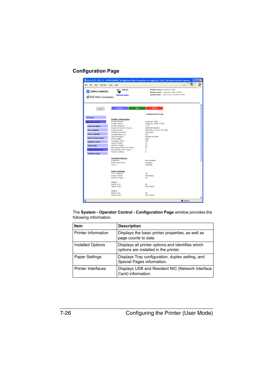 Configuring the printer (user mode) 7-26 | Konica Minolta magicolor 1650EN User Manual | Page 211 / 317