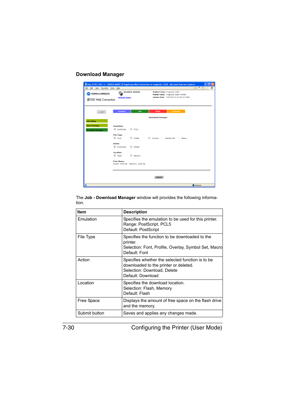 Download manager, Download manager -30, Configuring the printer (user mode) 7-30 | Konica Minolta magicolor 1650EN User Manual | Page 215 / 317