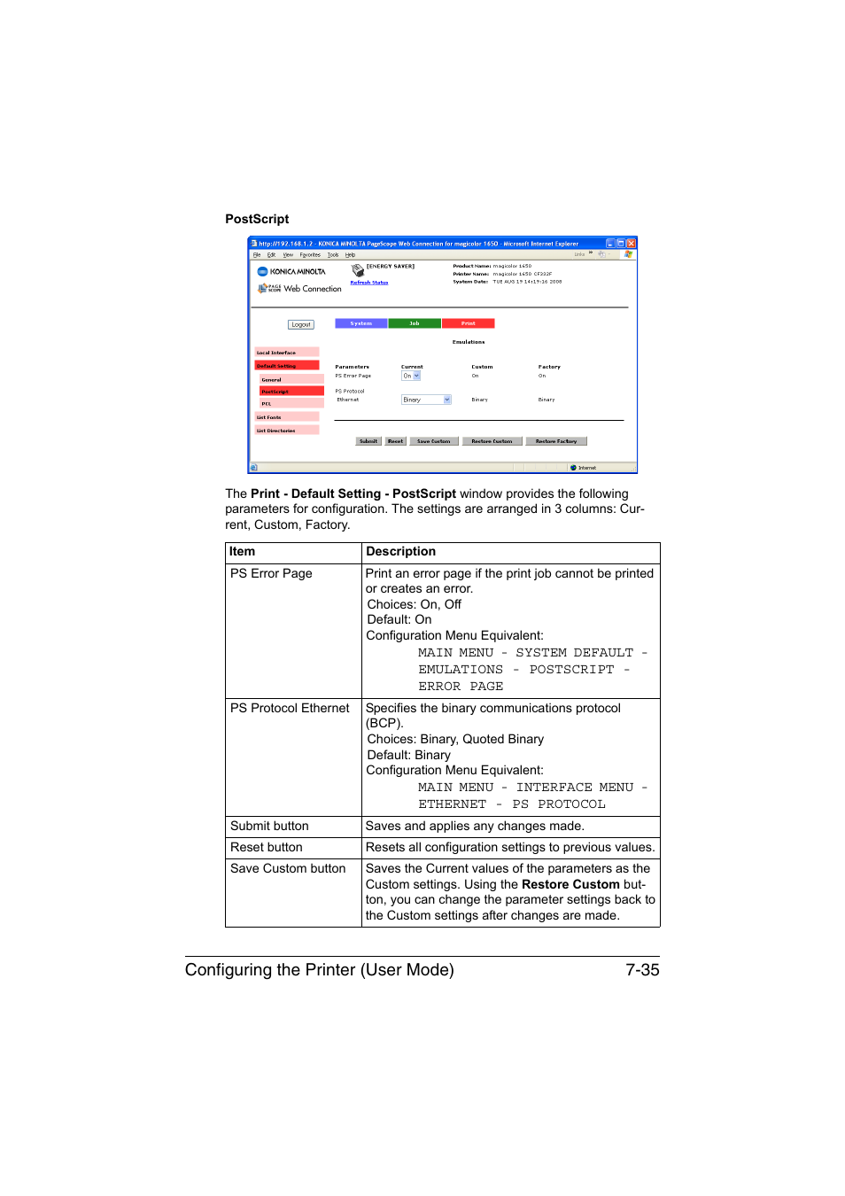 Configuring the printer (user mode) 7-35 | Konica Minolta magicolor 1650EN User Manual | Page 220 / 317