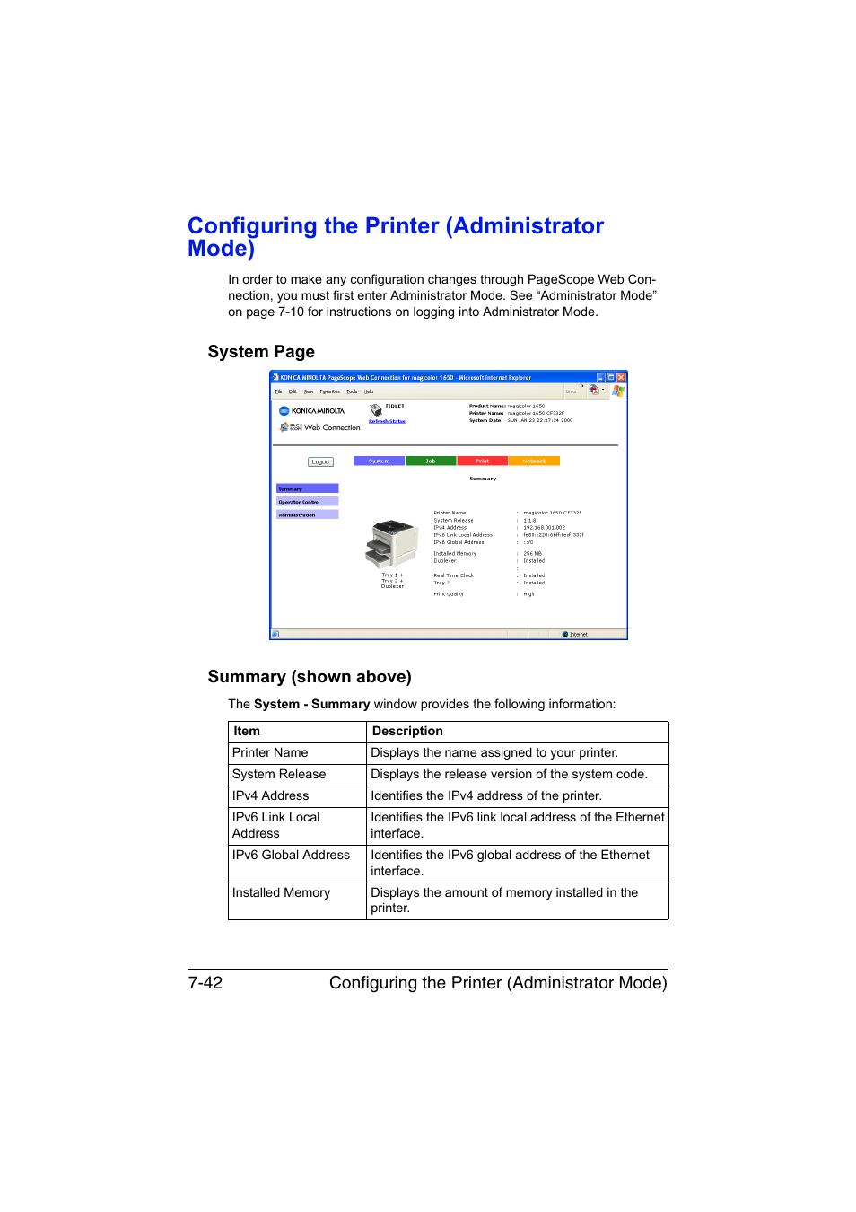 Configuring the printer (administrator mode), Summary (shown above), Configuring the printer (administrator mode) -42 | Konica Minolta magicolor 1650EN User Manual | Page 227 / 317