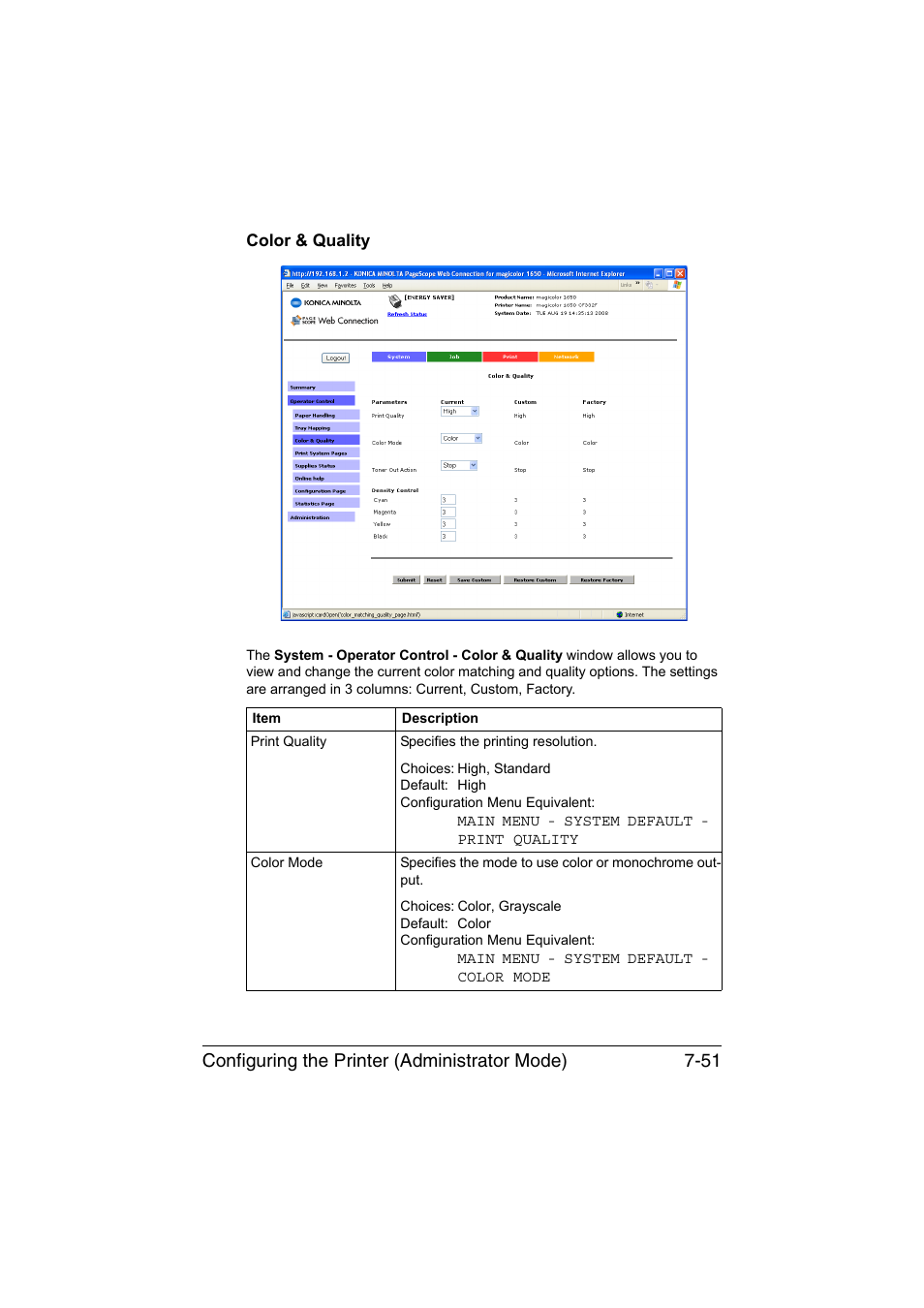 Color & quality, Color & quality -51, Configuring the printer (administrator mode) 7-51 | Konica Minolta magicolor 1650EN User Manual | Page 236 / 317