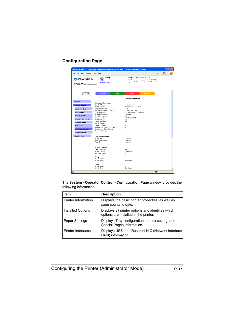 Configuring the printer (administrator mode) 7-57 | Konica Minolta magicolor 1650EN User Manual | Page 242 / 317