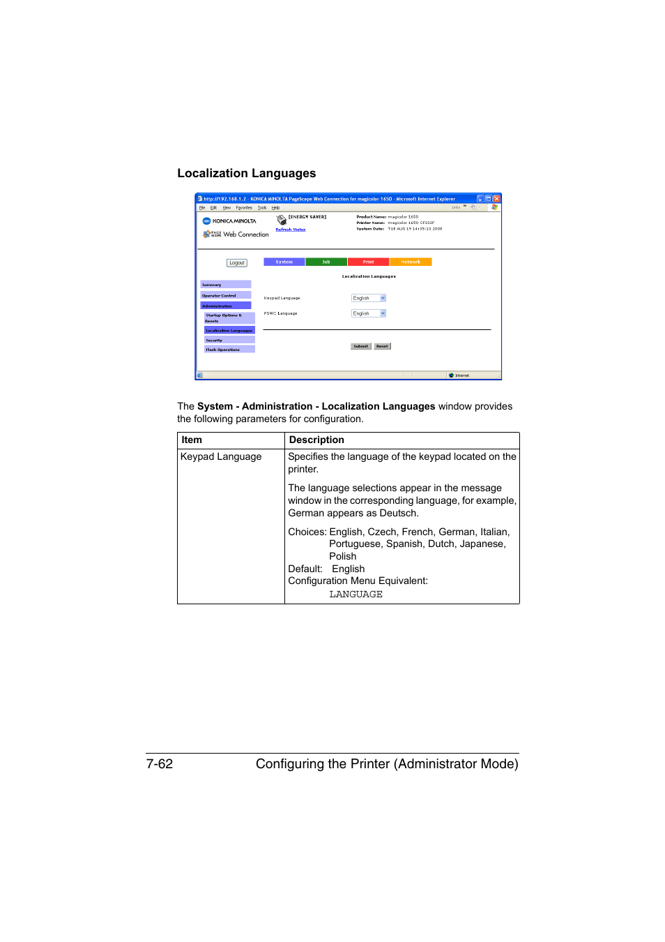 Localization languages, Localization languages -62, Configuring the printer (administrator mode) 7-62 | Konica Minolta magicolor 1650EN User Manual | Page 247 / 317