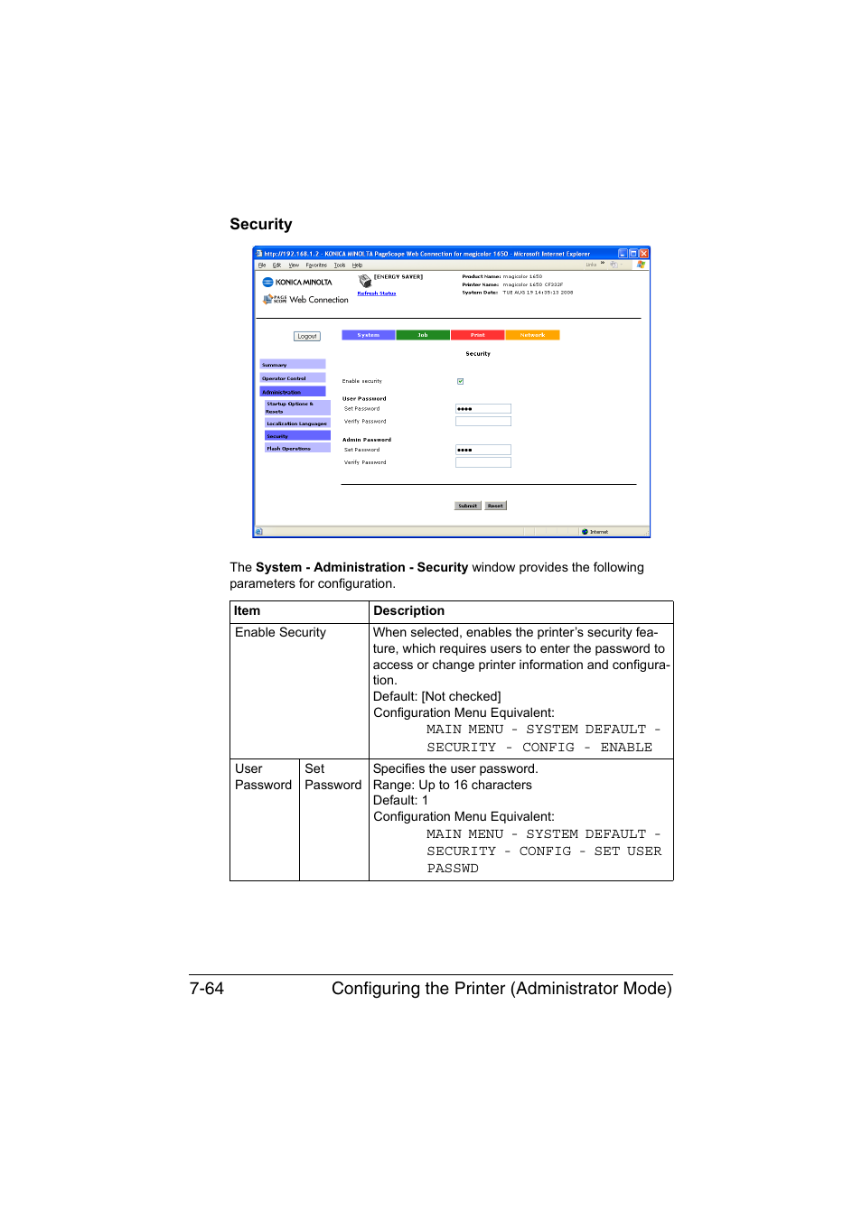 Security, Security -64, Configuring the printer (administrator mode) 7-64 | Konica Minolta magicolor 1650EN User Manual | Page 249 / 317