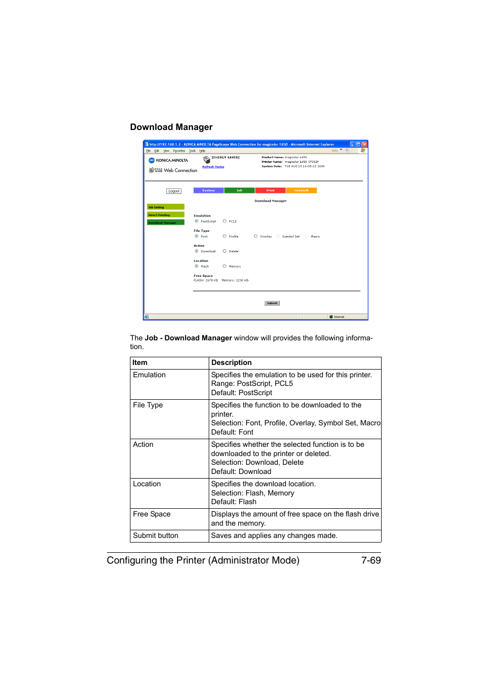 Download manager, Download manager -69, Configuring the printer (administrator mode) 7-69 | Konica Minolta magicolor 1650EN User Manual | Page 254 / 317