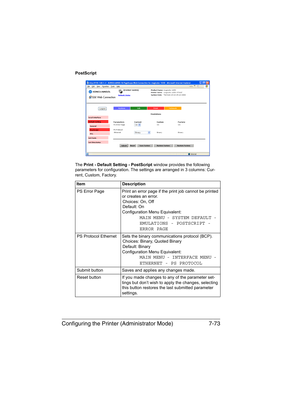 Configuring the printer (administrator mode) 7-73 | Konica Minolta magicolor 1650EN User Manual | Page 258 / 317