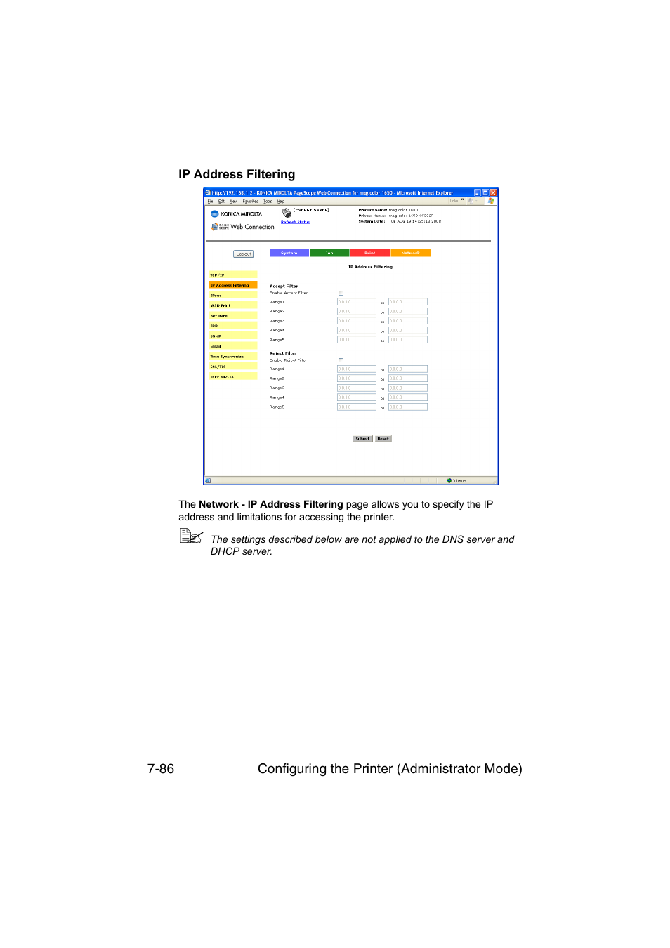 Ip address filtering, Ip address filtering -86 | Konica Minolta magicolor 1650EN User Manual | Page 271 / 317