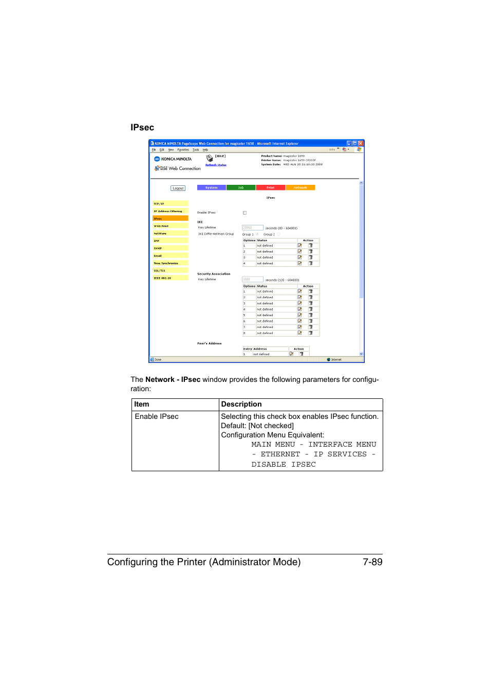 Ipsec, Ipsec -89, Configuring the printer (administrator mode) 7-89 | Konica Minolta magicolor 1650EN User Manual | Page 274 / 317