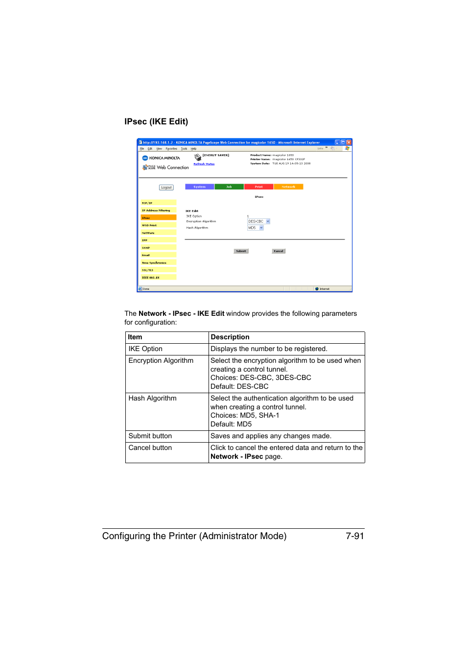 Ipsec (ike edit), Ipsec (ike edit) -91, Configuring the printer (administrator mode) 7-91 | Konica Minolta magicolor 1650EN User Manual | Page 276 / 317