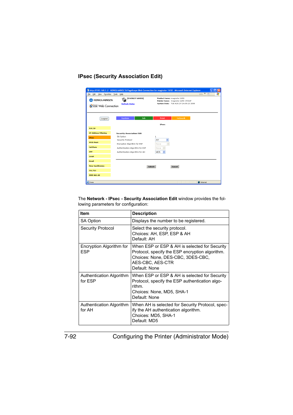 Ipsec (security association edit), Ipsec (security association edit) -92, Configuring the printer (administrator mode) 7-92 | Konica Minolta magicolor 1650EN User Manual | Page 277 / 317