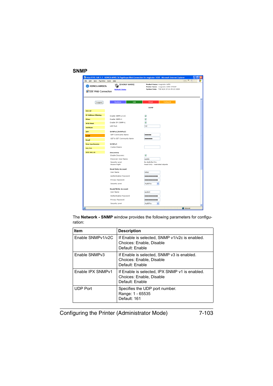 Snmp, Snmp -103, Configuring the printer (administrator mode) 7-103 | Konica Minolta magicolor 1650EN User Manual | Page 288 / 317