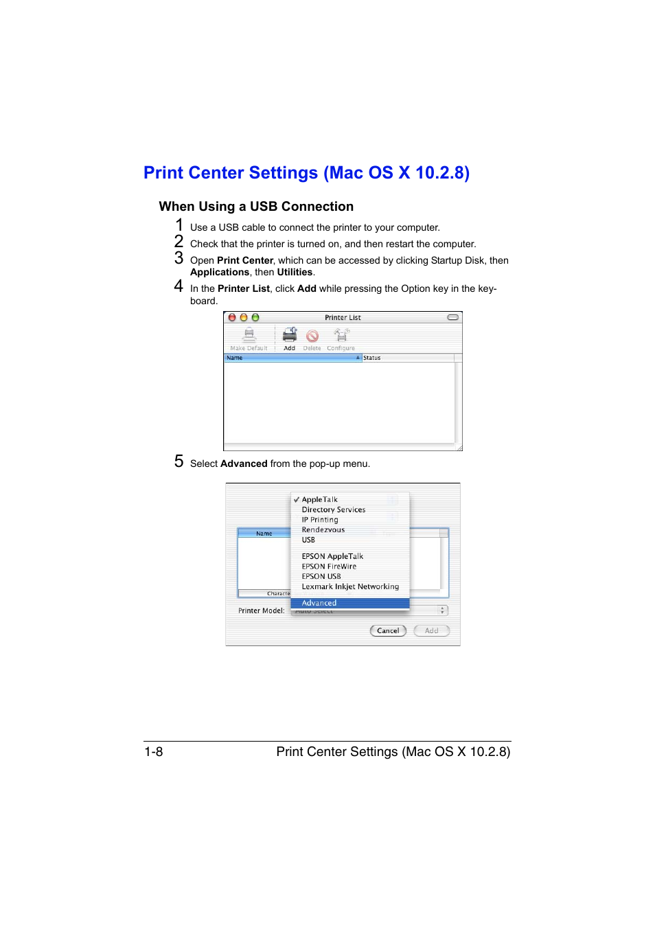 Print center settings (mac os x 10.2.8), When using a usb connection, Print center settings (mac os x 10.2.8) -8 | When using a usb connection -8 | Konica Minolta magicolor 1650EN User Manual | Page 29 / 317
