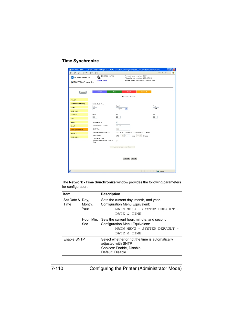 Time synchronize, Time synchronize -110, Configuring the printer (administrator mode) 7-110 | Konica Minolta magicolor 1650EN User Manual | Page 295 / 317