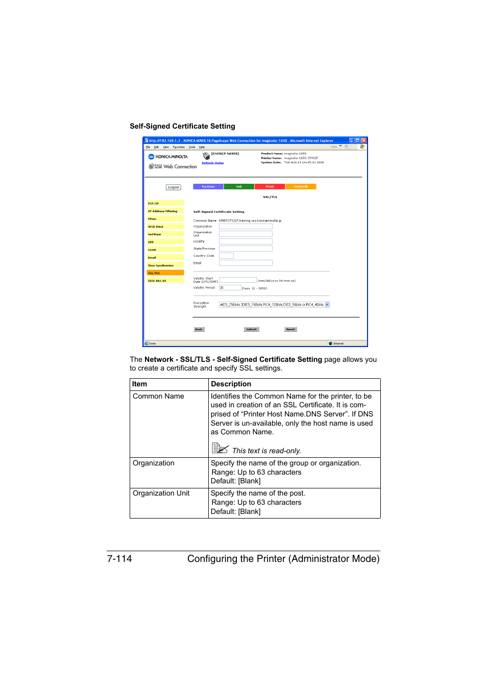 Configuring the printer (administrator mode) 7-114 | Konica Minolta magicolor 1650EN User Manual | Page 299 / 317