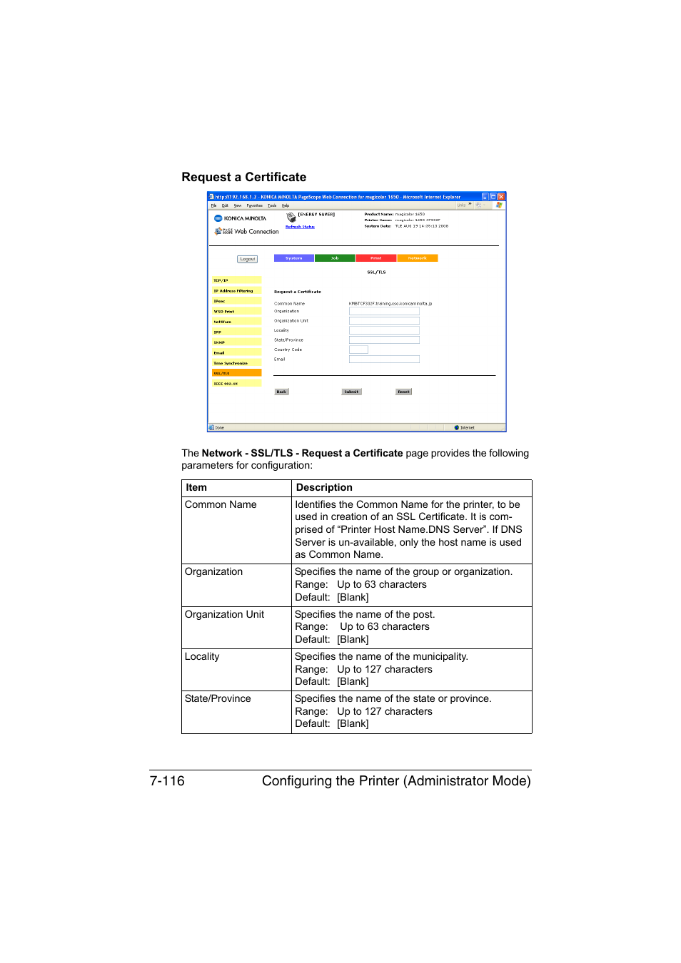 Request a certificate, Request a certificate -116, Configuring the printer (administrator mode) 7-116 | Konica Minolta magicolor 1650EN User Manual | Page 301 / 317