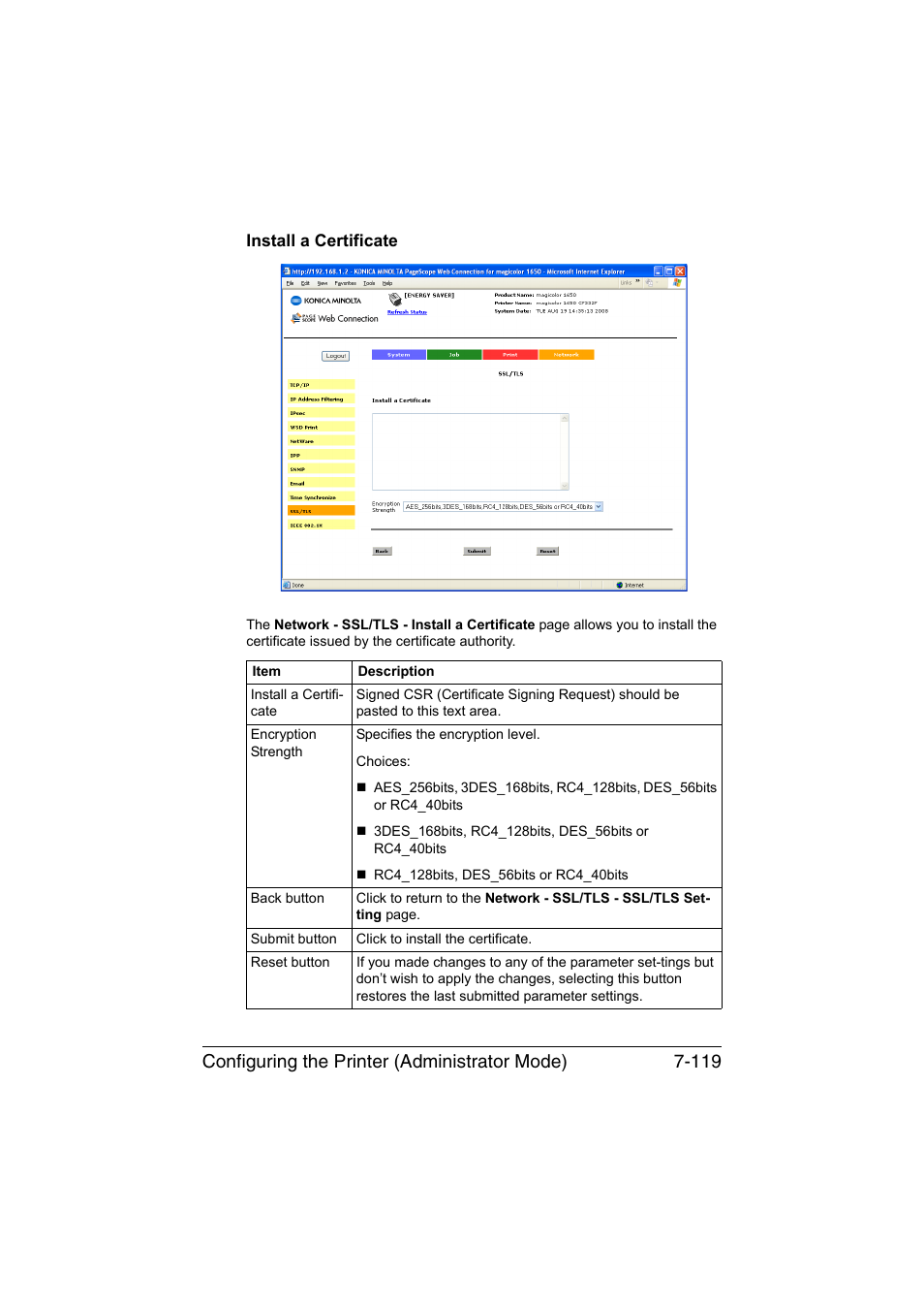 Install a certificate, Install a certificate -119, Configuring the printer (administrator mode) 7-119 | Konica Minolta magicolor 1650EN User Manual | Page 304 / 317