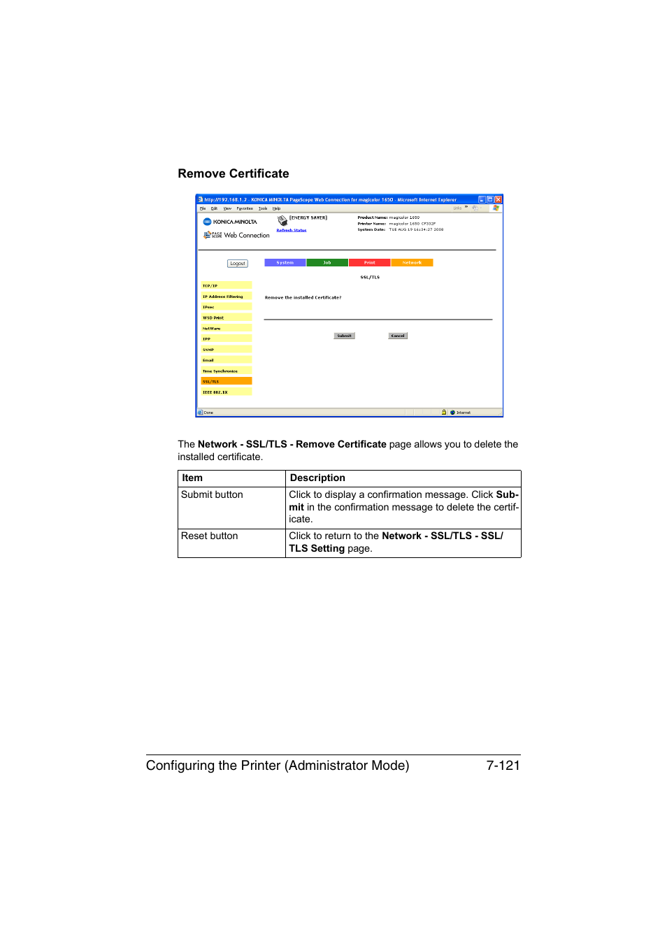 Remove certificate, Remove certificate -121, Configuring the printer (administrator mode) 7-121 | Konica Minolta magicolor 1650EN User Manual | Page 306 / 317