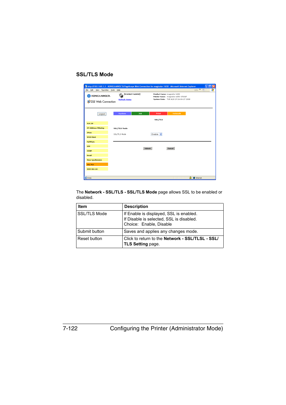 Ssl/tls mode, Ssl/tls mode -122, Configuring the printer (administrator mode) 7-122 | Konica Minolta magicolor 1650EN User Manual | Page 307 / 317