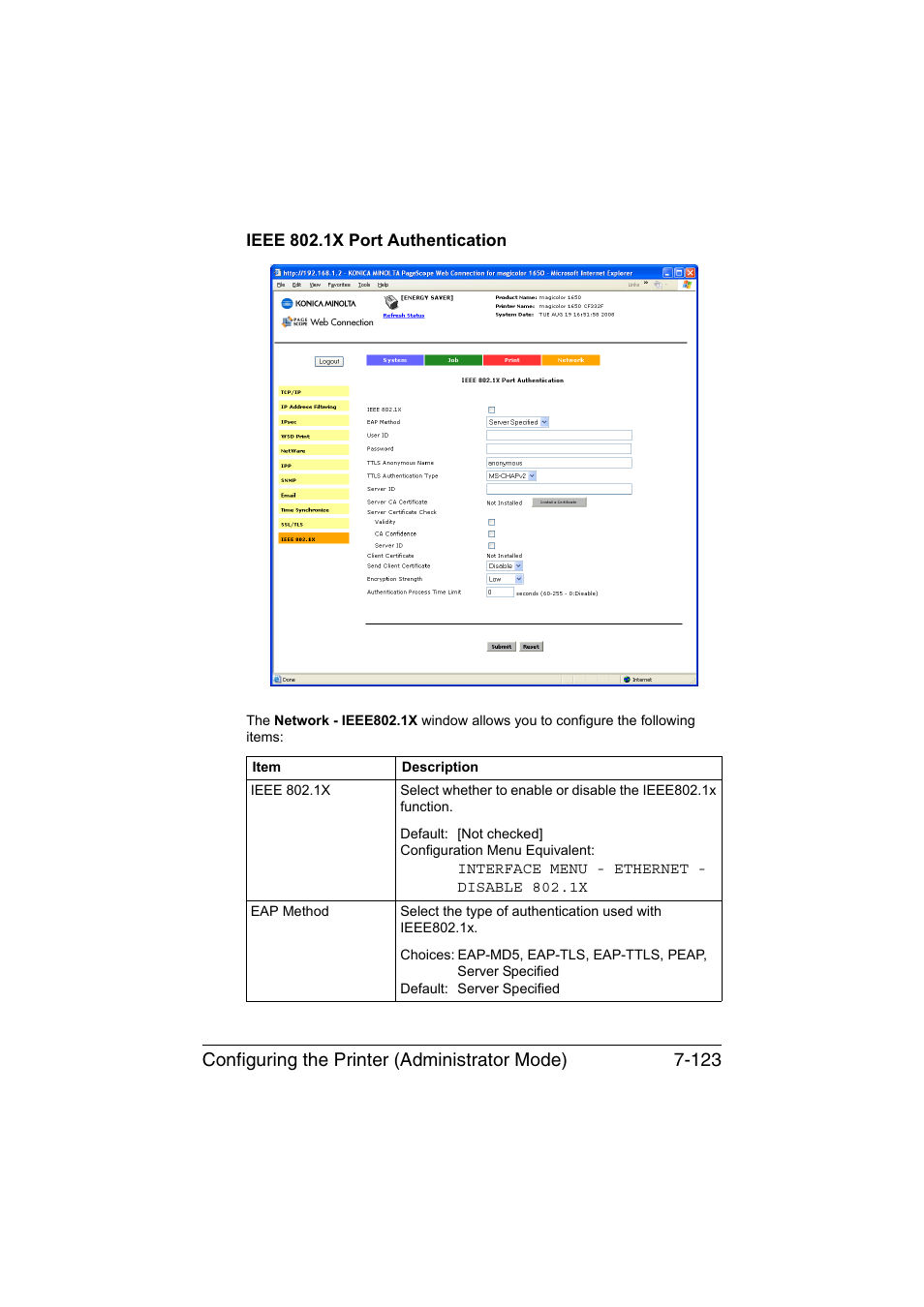 Ieee 802.1x port authentication, Ieee 802.1x port authentication -123, Configuring the printer (administrator mode) 7-123 | Konica Minolta magicolor 1650EN User Manual | Page 308 / 317