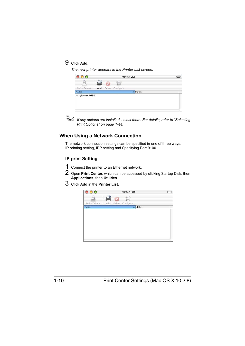 When using a network connection, Ip print setting, When using a network connection -10 | Ip print setting -10 | Konica Minolta magicolor 1650EN User Manual | Page 31 / 317