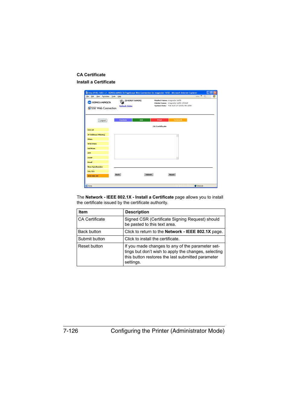 Configuring the printer (administrator mode) 7-126 | Konica Minolta magicolor 1650EN User Manual | Page 311 / 317