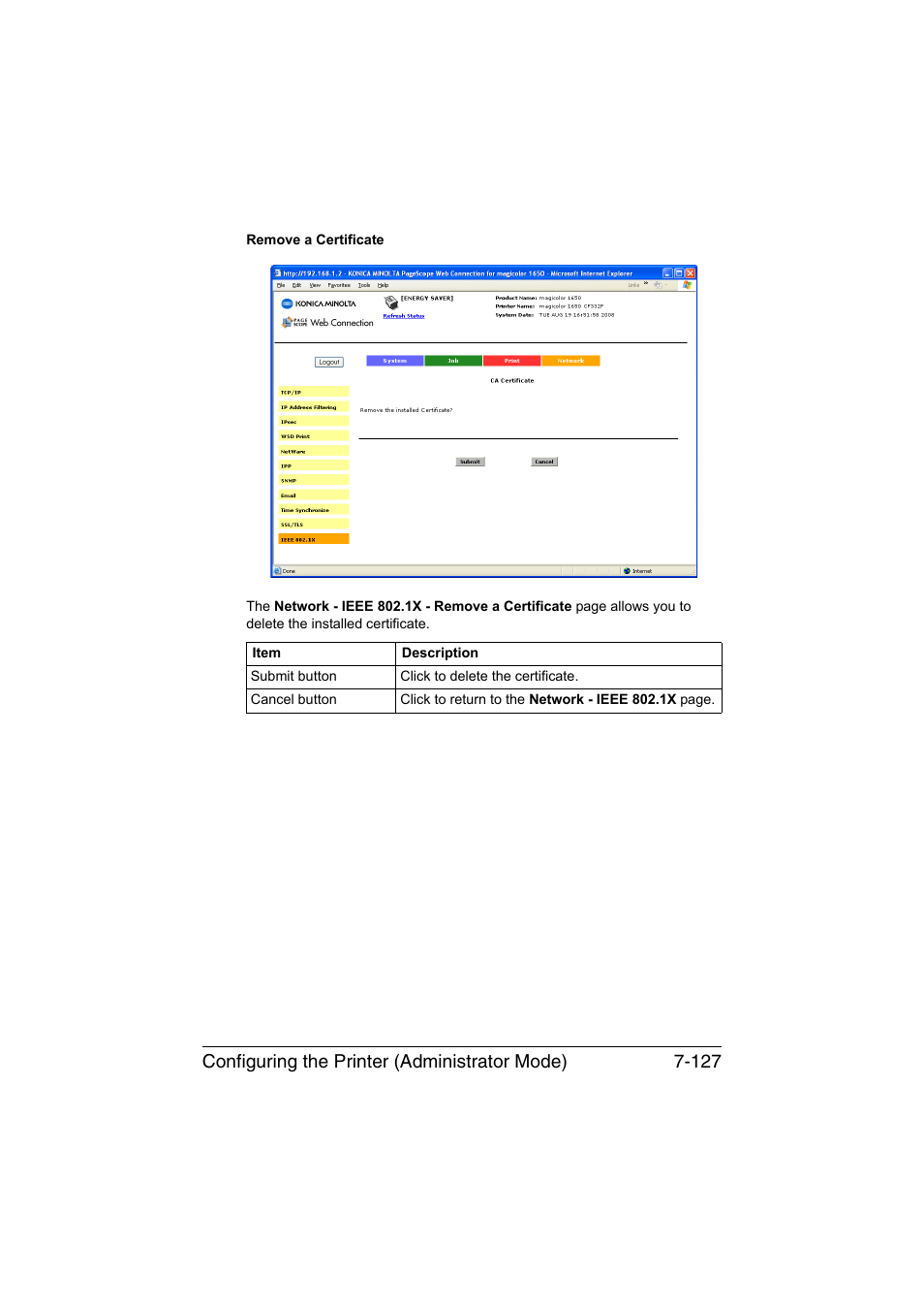 Configuring the printer (administrator mode) 7-127 | Konica Minolta magicolor 1650EN User Manual | Page 312 / 317