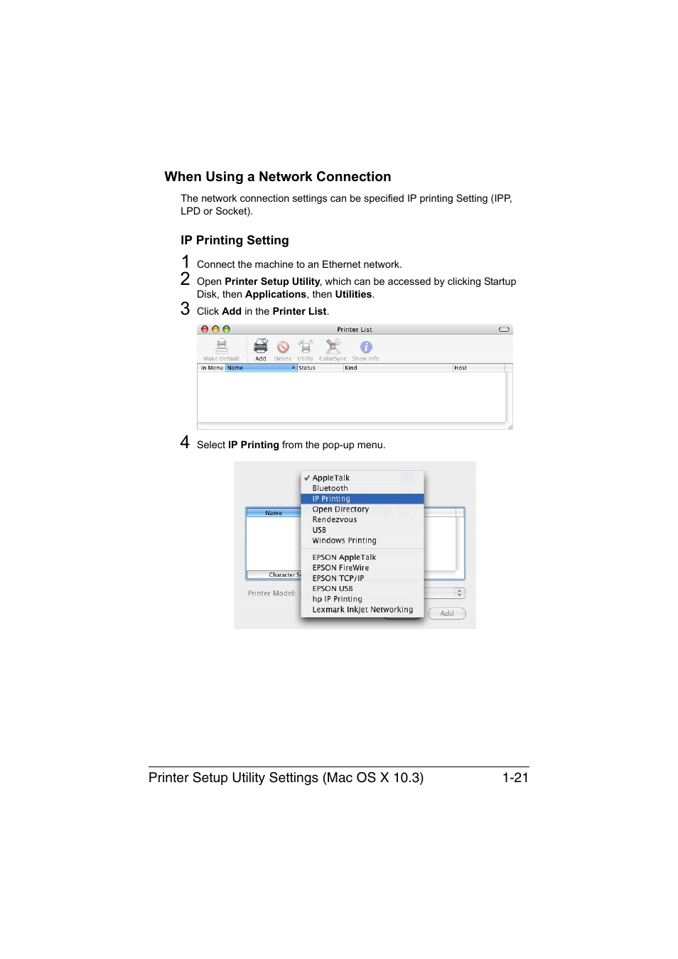 When using a network connection, Ip printing setting, When using a network connection -21 | Ip printing setting -21 | Konica Minolta magicolor 1650EN User Manual | Page 42 / 317