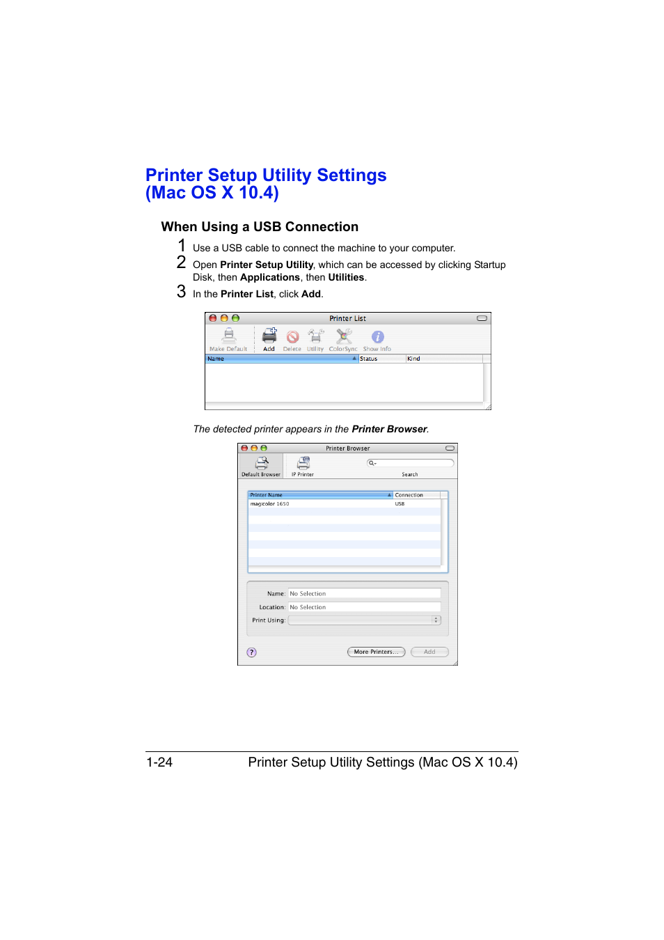 Printer setup utility settings (mac os x 10.4), When using a usb connection, Printer setup utility settings (mac os x 10.4) -24 | When using a usb connection -24 | Konica Minolta magicolor 1650EN User Manual | Page 45 / 317