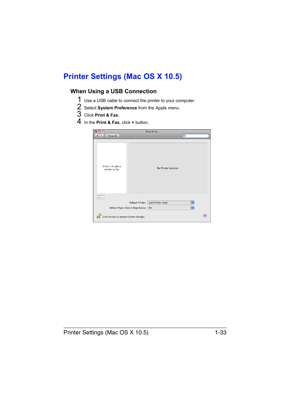 Printer settings (mac os x 10.5), When using a usb connection, Printer settings (mac os x 10.5) -33 | When using a usb connection -33 | Konica Minolta magicolor 1650EN User Manual | Page 54 / 317