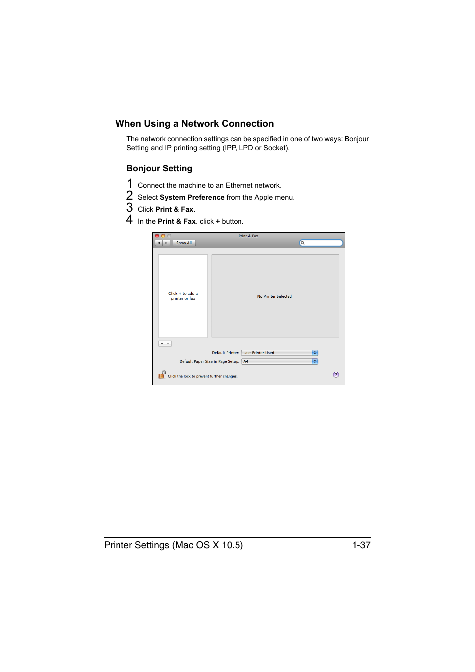 When using a network connection, Bonjour setting, When using a network connection -37 | Bonjour setting -37 | Konica Minolta magicolor 1650EN User Manual | Page 58 / 317