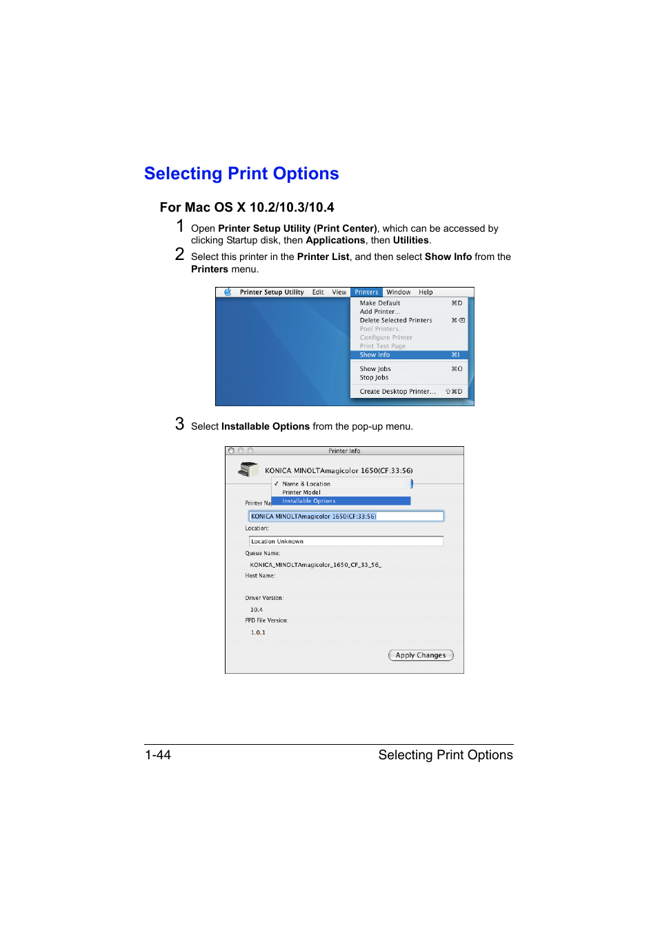 Selecting print options, For mac os x 10.2/10.3/10.4, Selecting print options -44 | For mac os x 10.2/10.3/10.4 -44 | Konica Minolta magicolor 1650EN User Manual | Page 65 / 317