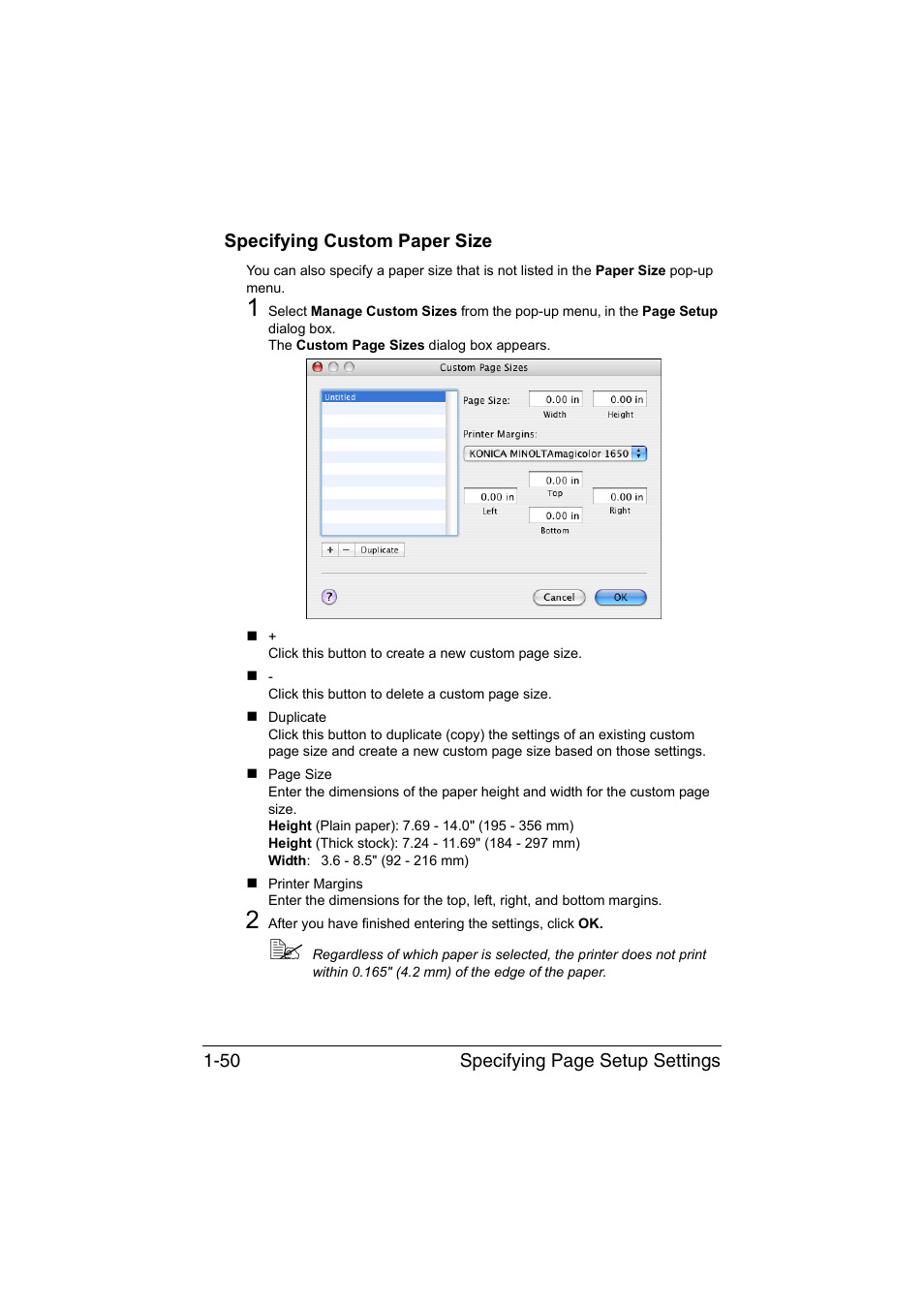 Specifying custom paper size, Specifying custom paper size -50 | Konica Minolta magicolor 1650EN User Manual | Page 71 / 317