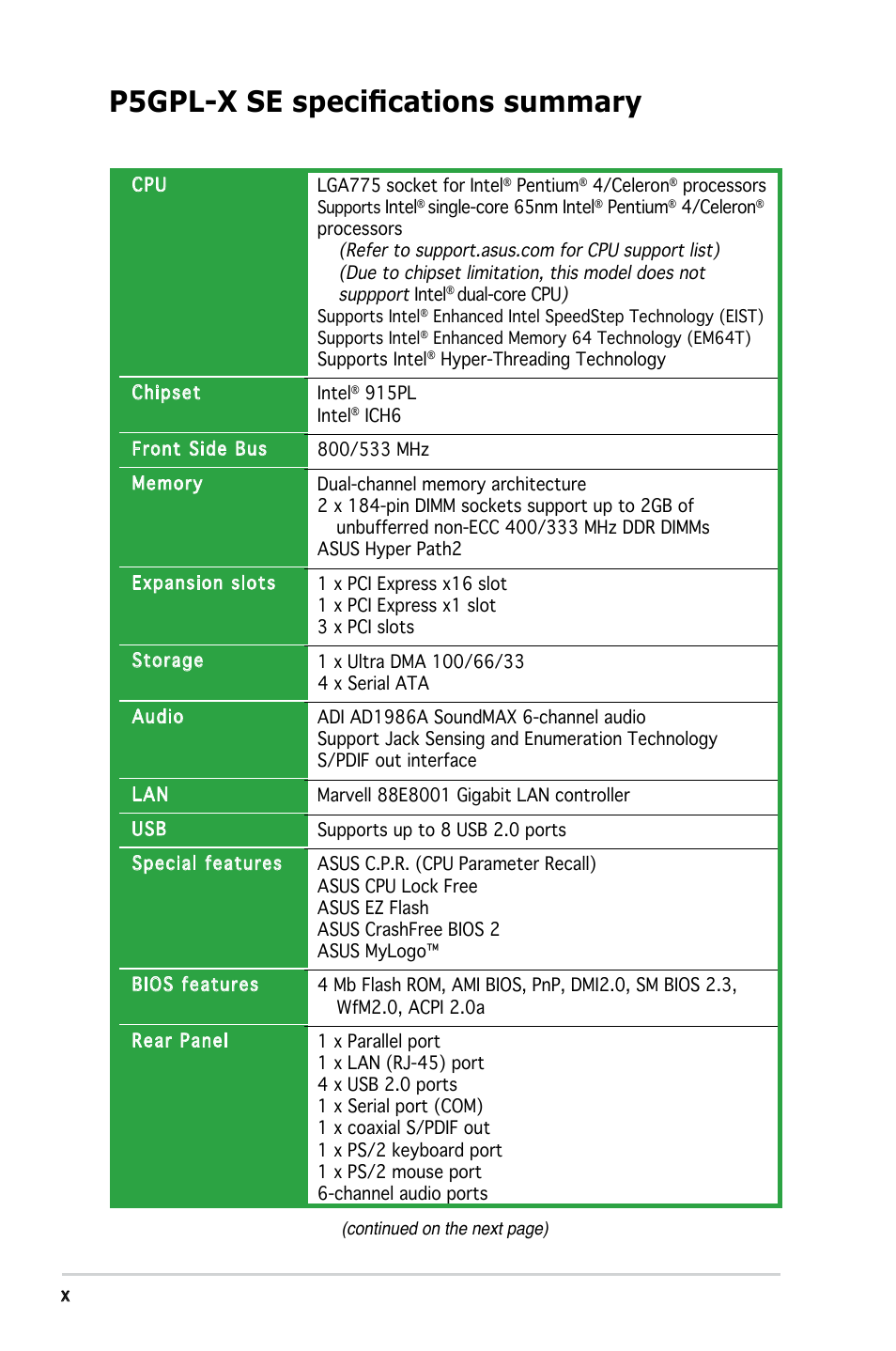 P5gpl-x se specifications summary | Asus P5GPL-X SE User Manual | Page 10 / 94