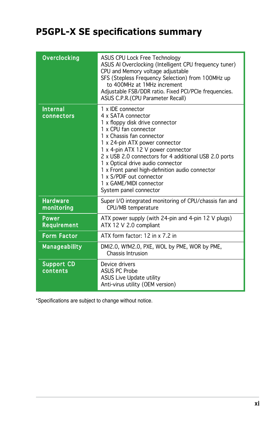 P5gpl-x se specifications summary | Asus P5GPL-X SE User Manual | Page 11 / 94