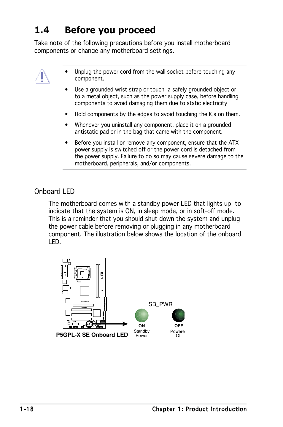 4 before you proceed, Onboard led | Asus P5GPL-X SE User Manual | Page 18 / 94