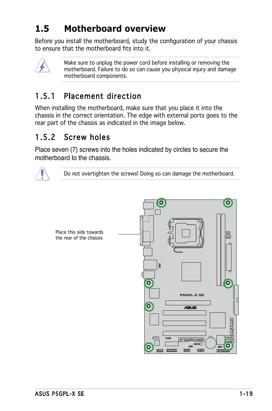 5 motherboard overview, 1 placement direction, 2 screw holes | Asus P5GPL-X SE User Manual | Page 19 / 94