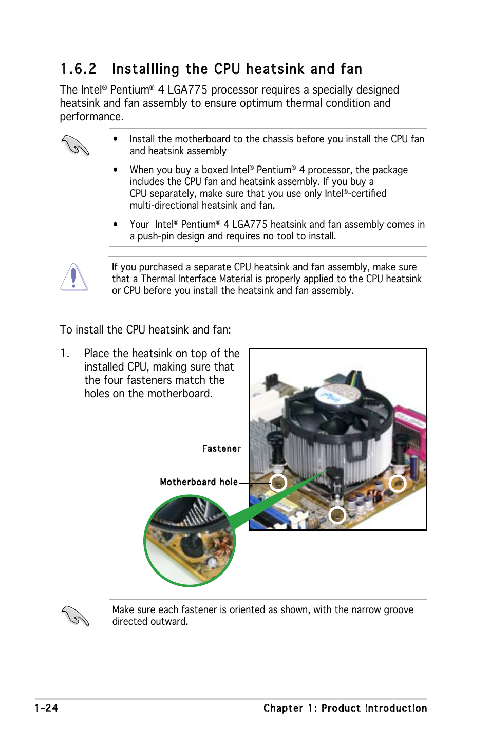 2 installling the cpu heatsink and fan | Asus P5GPL-X SE User Manual | Page 24 / 94