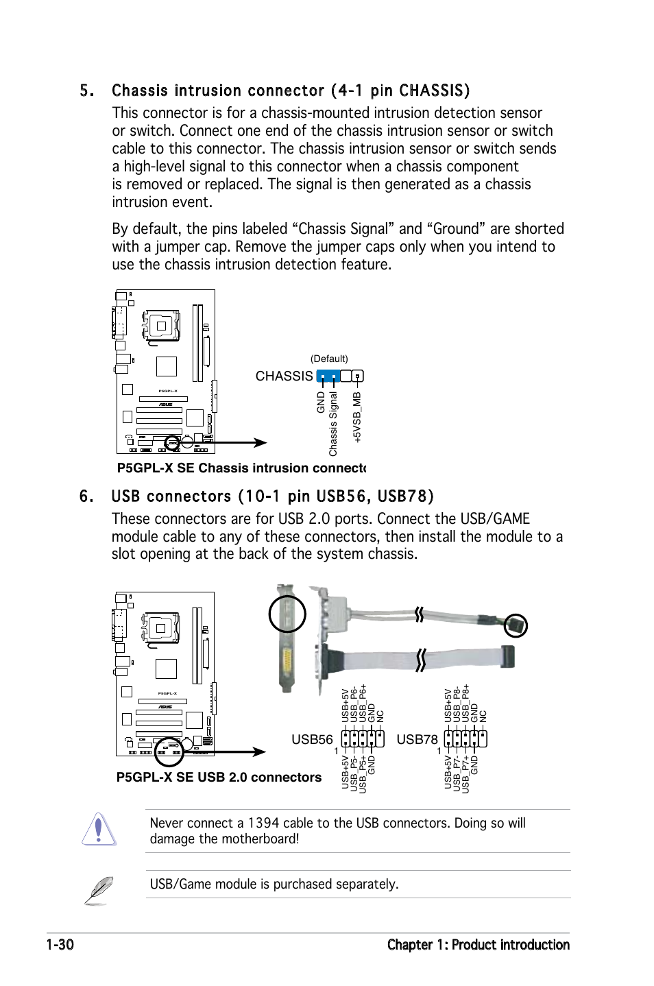 30 chapter 1: product introduction, P5gpl-x se chassis intrusion connector chassis, Usb78 | Usb/game module is purchased separately | Asus P5GPL-X SE User Manual | Page 42 / 94