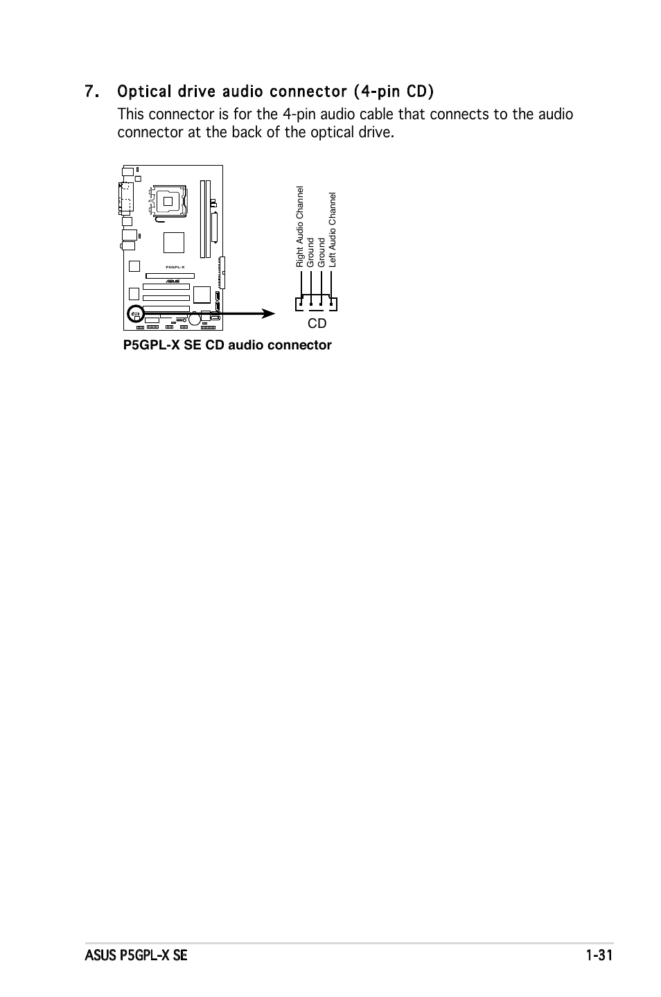 Asus p5gpl-x se 1-31, P5gpl-x se cd audio connector cd | Asus P5GPL-X SE User Manual | Page 43 / 94