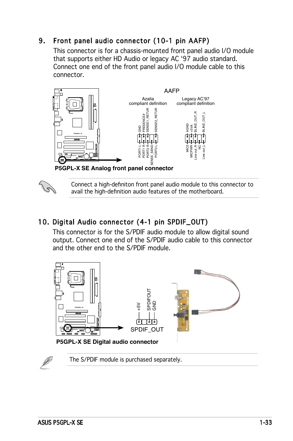 Asus p5gpl-x se 1-33, P5gpl-x se digital audio connector, Spdif_out | P5gpl-x se analog front panel connector aafp | Asus P5GPL-X SE User Manual | Page 45 / 94