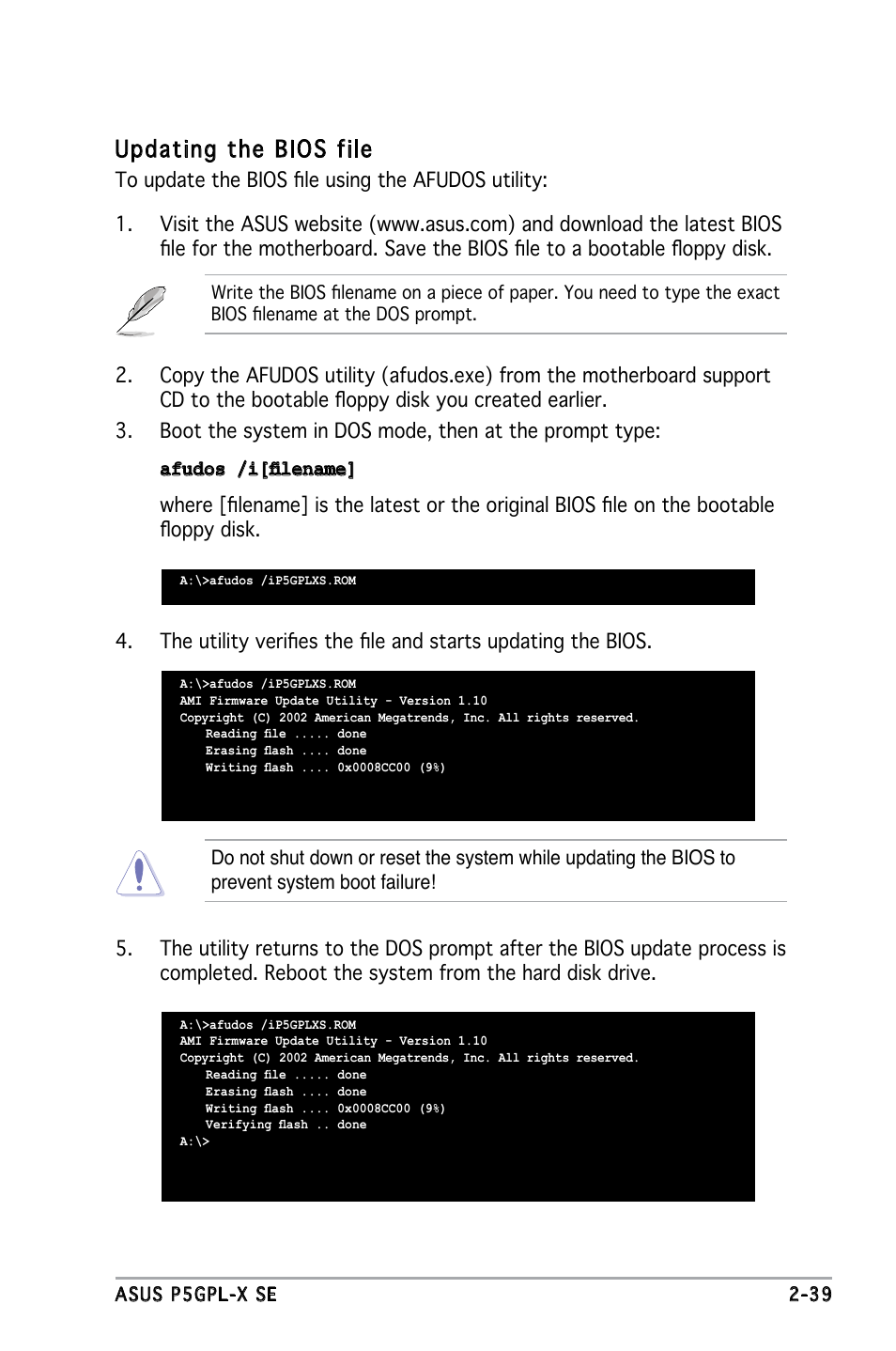 Updating the bios file | Asus P5GPL-X SE User Manual | Page 51 / 94